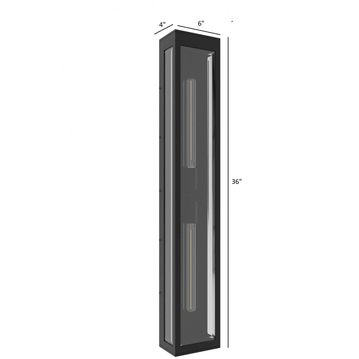 Avenue Outdoor Rectangular Box Wall Sconce AV9908-BLK installed on exterior wall — warm Edison-style filament glow from open black cage frame