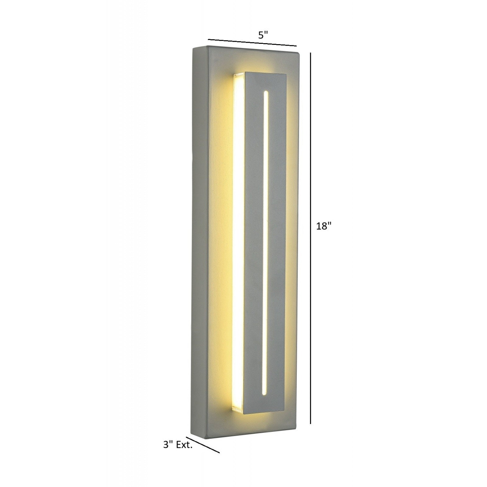 Panneau LED surélevé extérieur Avenue Murale AV3218-SLV installé sur une façade moderne — panneau surélevé illuminé par une LED blanc chaud, finition argentée