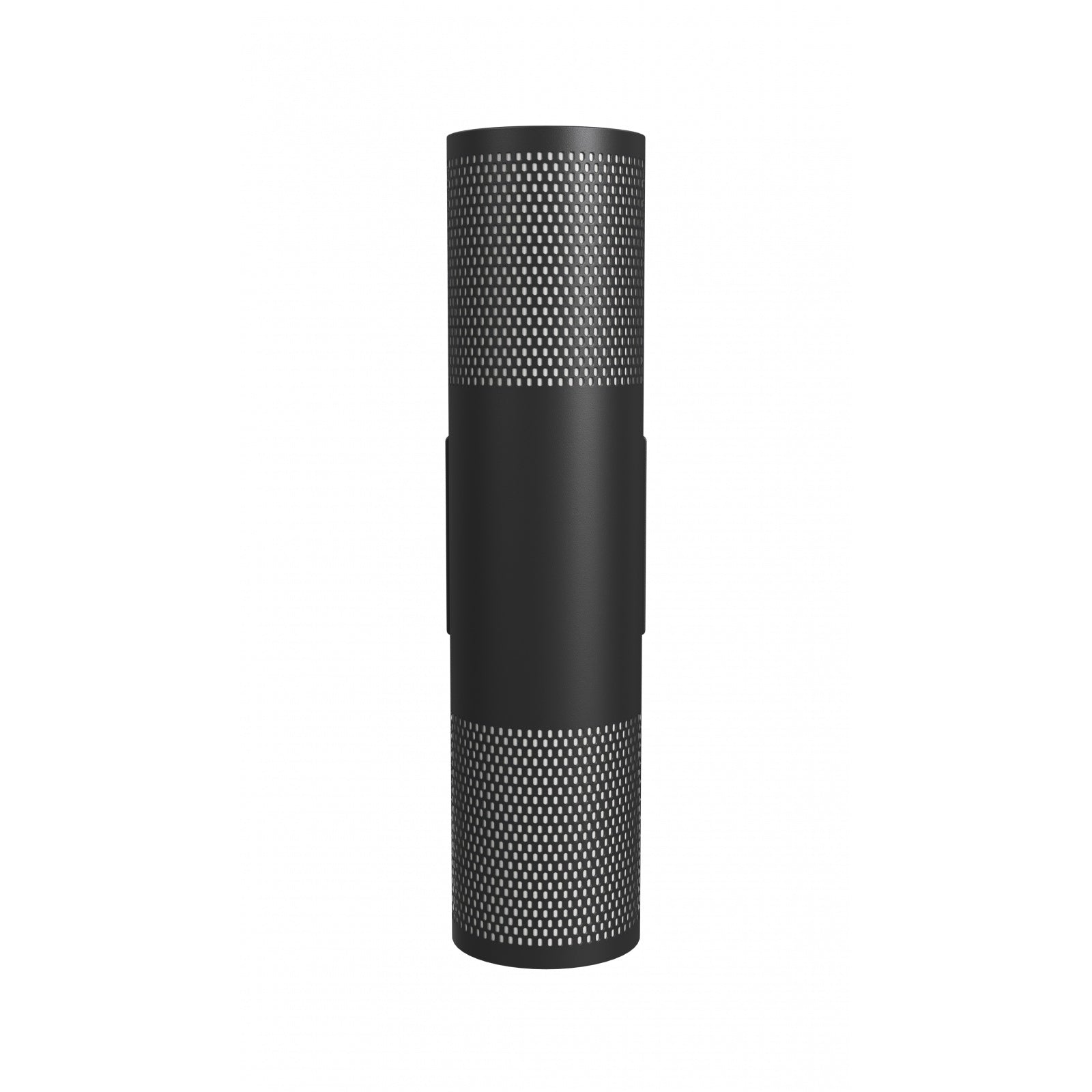 Avenue Outdoor Up/Down Cylindrical Perforated LED Wall Sconce AV2718-BLK front view — 18"H round black cylinder with perforated sides, white background