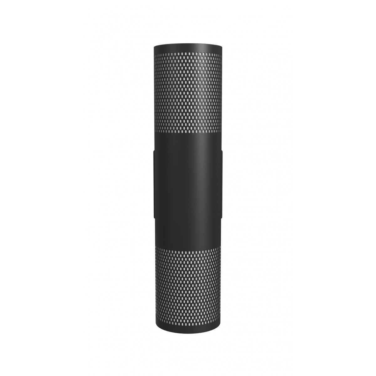 Avenue Outdoor Cylindrique Perforé LED Haut/Bas Murale AV2718-BLK vue de face — Cylindre rond noir de 45,7 cm (18 po) de hauteur, côtés perforés, fond blanc