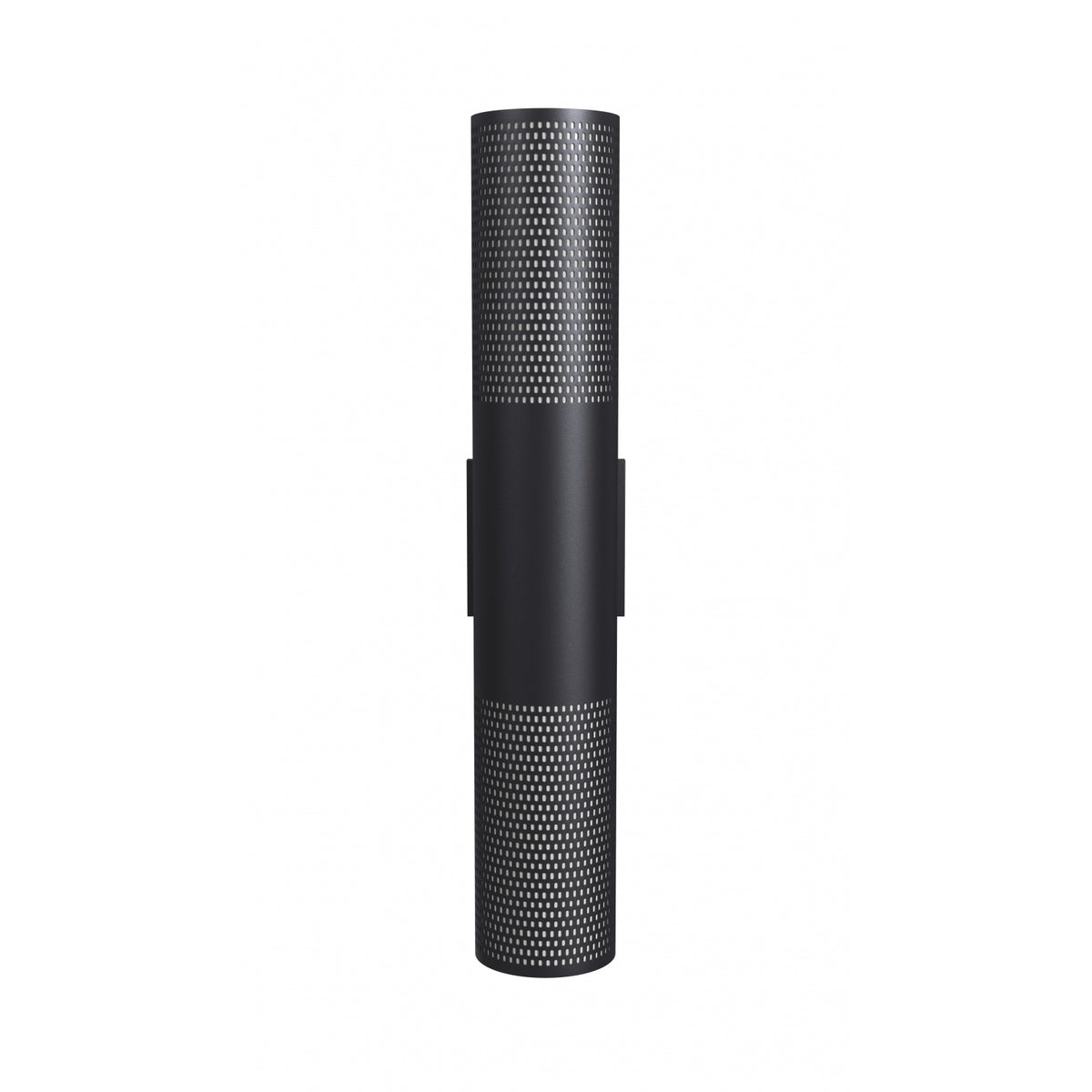 Avenue Outdoor Cylindrique Perforé LED Haut/Bas Murale AV2724-BLK vue de face — Cylindre rond noir de 24 po de hauteur, côtés perforés, fond blanc