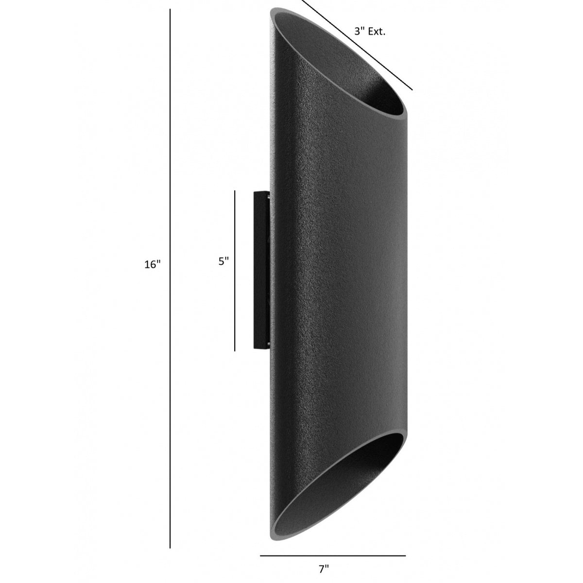 Avenue Outdoor Cylindrical LED Wall Sconce AV9896-BLK lifestyle view — 16"H black cylinder installed on modern exterior, soft ambient light on wall