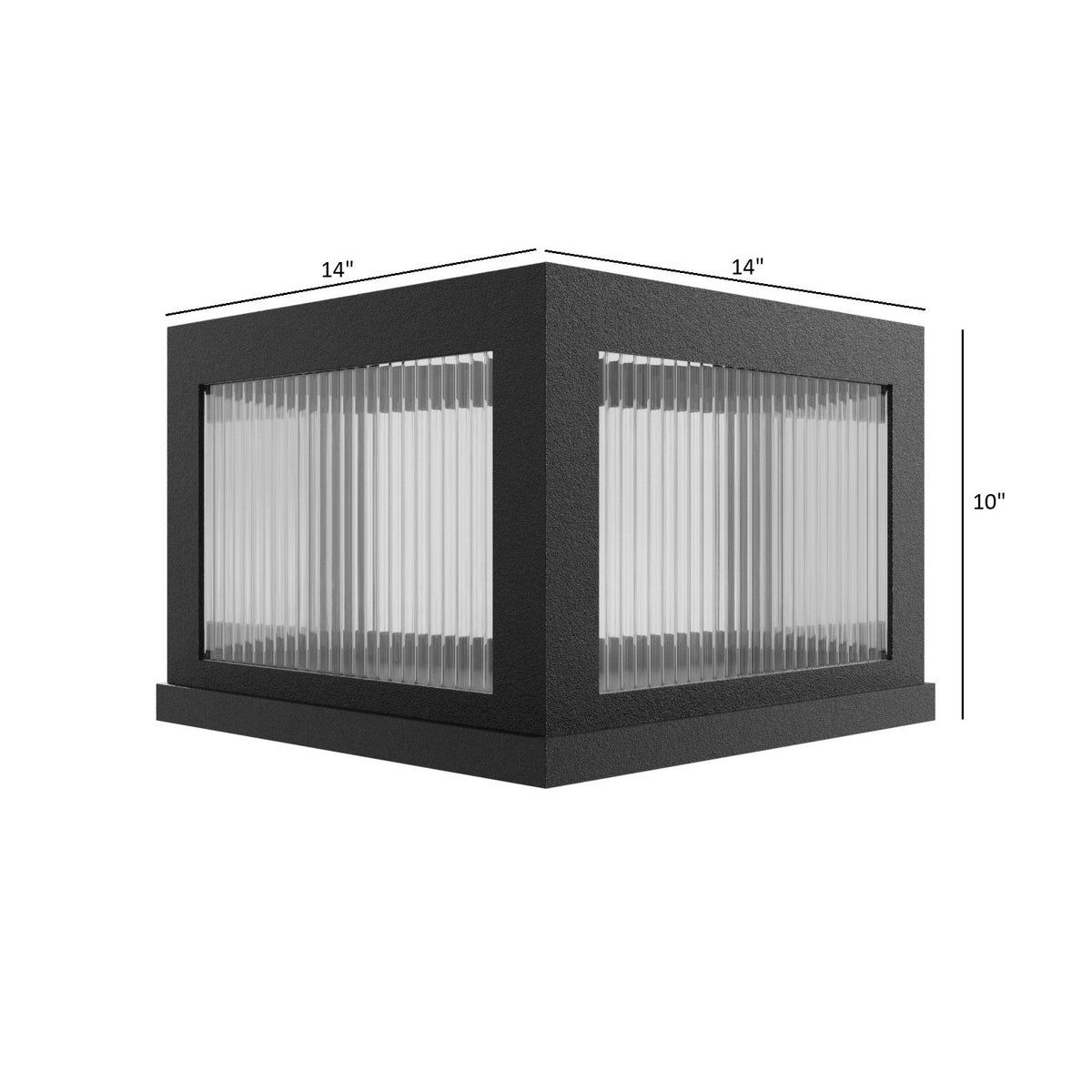 Avenue Outdoor LED Pillar Mount AV9905-BLK installed atop masonry pillar — black cap with LED glowing downward, warm ambient light on pillar