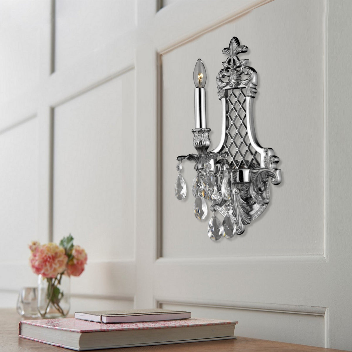 Brass and Crystal Lattice Wall Sconce