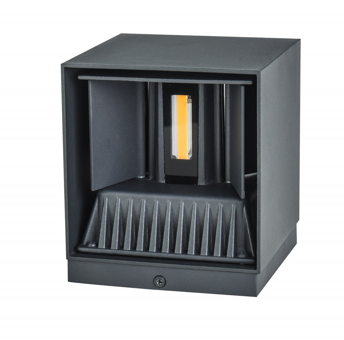 Avenue Outdoor 5"W Cube Up/Down LED Wall Sconce AV9887-BLK three-quarter angle — solid black cube sides with open top showing interior LED strip