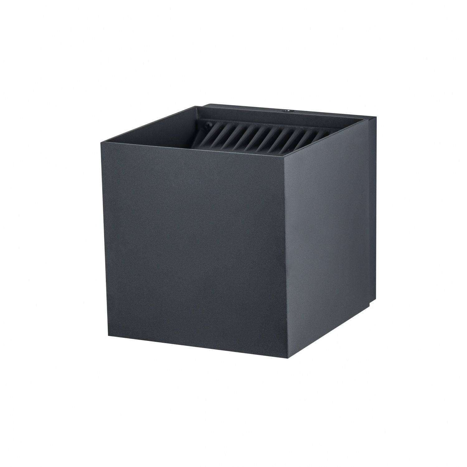 Cube LED 5"W Avenue Outdoor avec affichage haut/bas Murale AV9887-BLK vue de face — Cube carré noir de 5 pouces avec ouvertures sur le dessus et le dessous, fond blanc