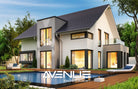 Cube LED 5"W Avenue Outdoor avec affichage haut/bas Murale AV9887-SLV installé à l'extérieur — moulage en cube argenté définissant les poutres ascendantes et descendantes sur le mur