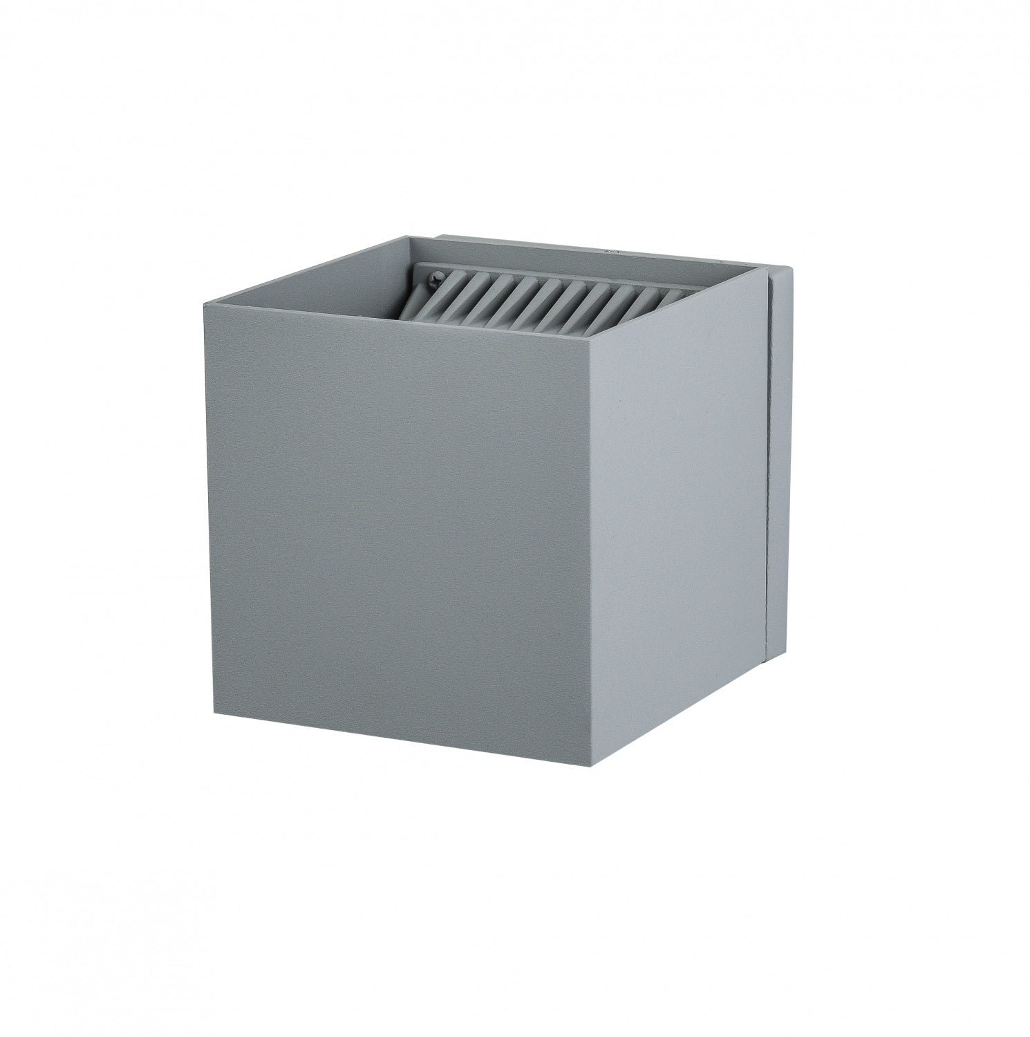 Cube LED 5"W Avenue Outdoor avec affichage haut/bas Murale AV9887-SLV vue de face — Cube carré argenté de 5 pouces avec ouvertures sur le dessus et le dessous, fond blanc