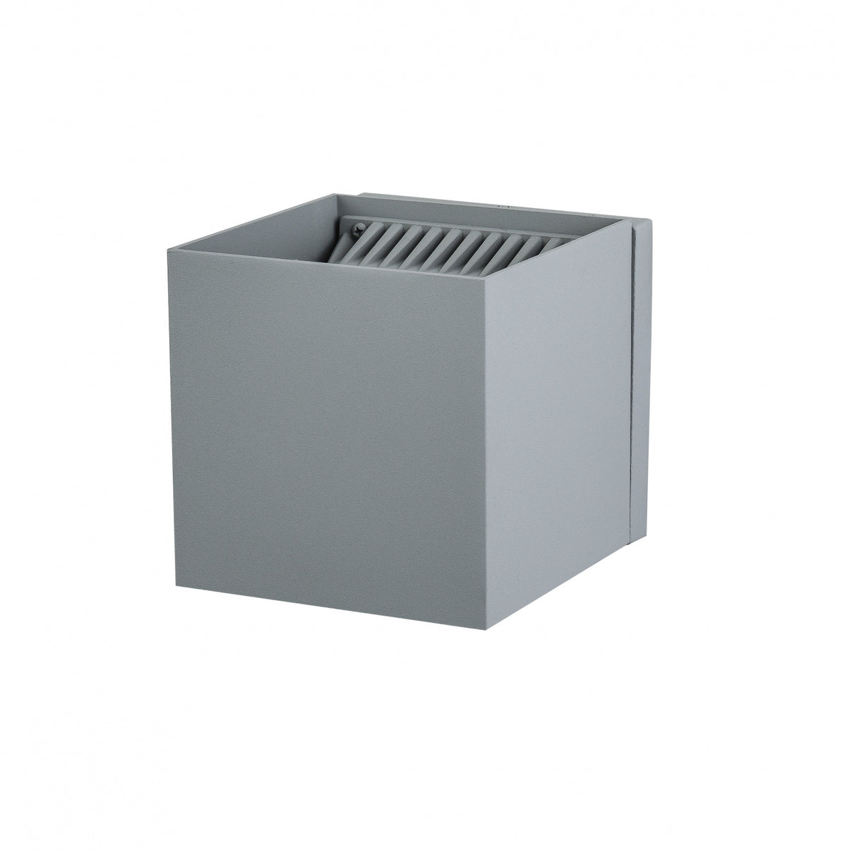 Avenue Outdoor 5"W Cube Up/Down LED Wall Sconce AV9887-SLV front view — 5-inch square silver cube with open top and bottom voids, white background