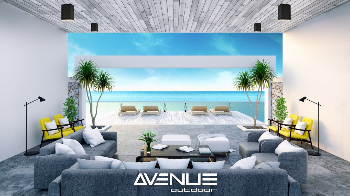 Plafonnier extérieur LED encastré Avenue AV9888-BLK à angle trois quarts — disque noir discret indiquant une faible profondeur d'encastrement au plafond