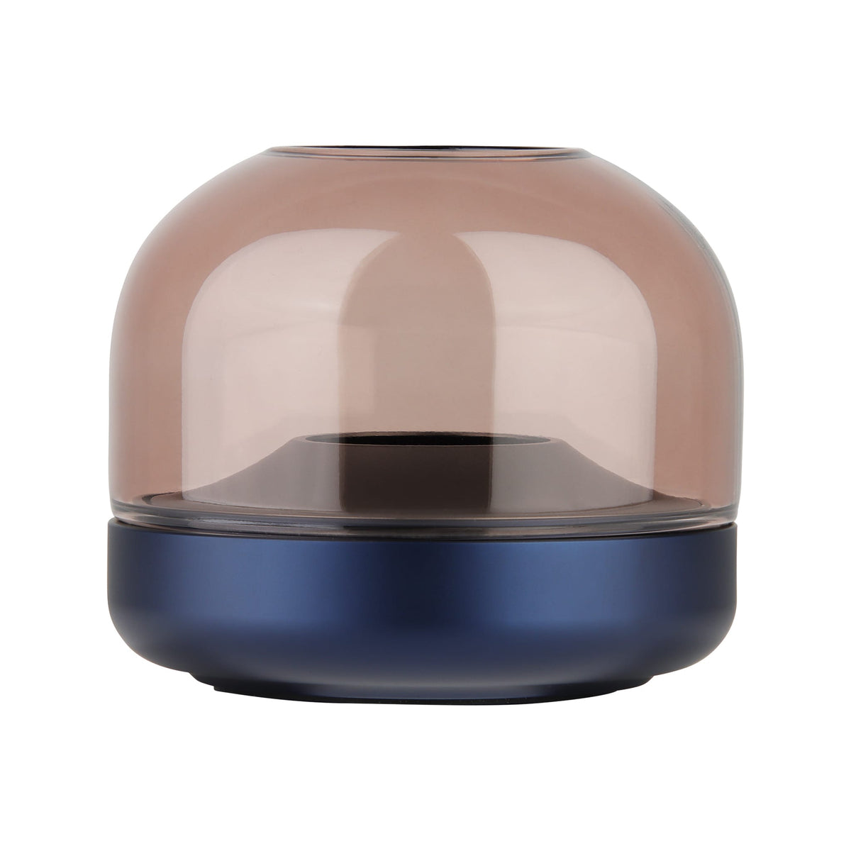 Glow 08 candle holder with amber glass dome atop a navy blue base.