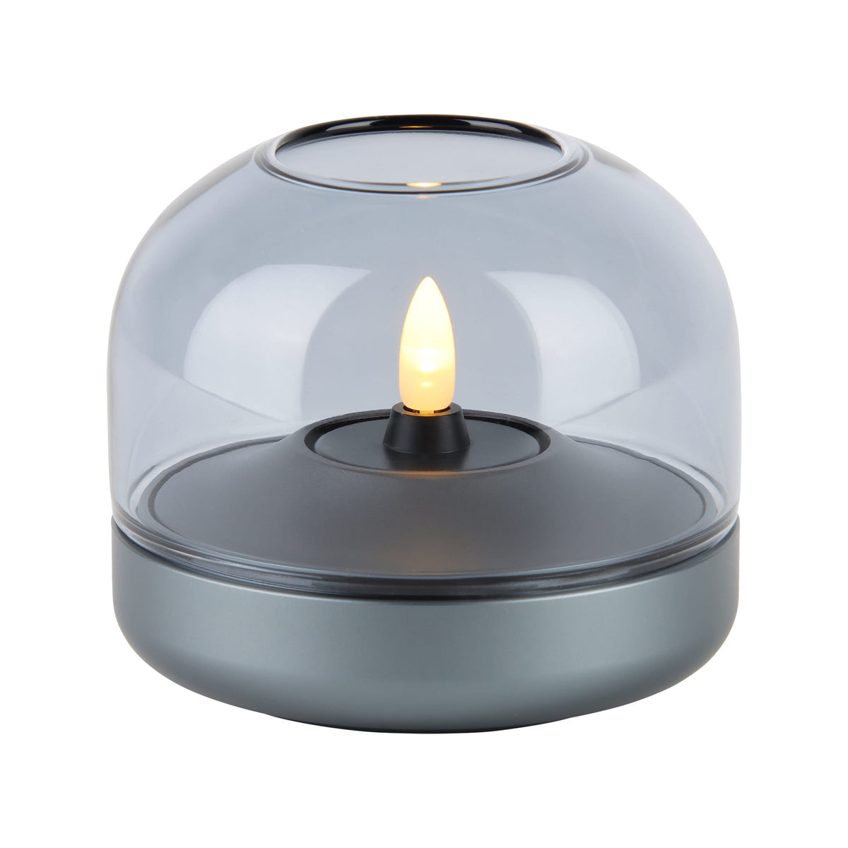 Glow 08 candle holder with gray base and clear glass dome housing a warm LED flame.