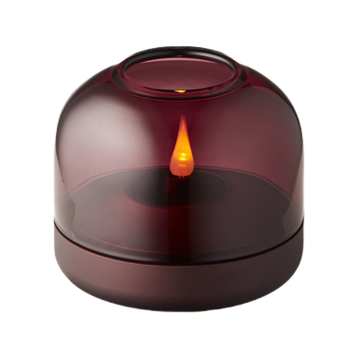 Kooduu Glow 08 burgundy glass candle holder with amber LED candle.