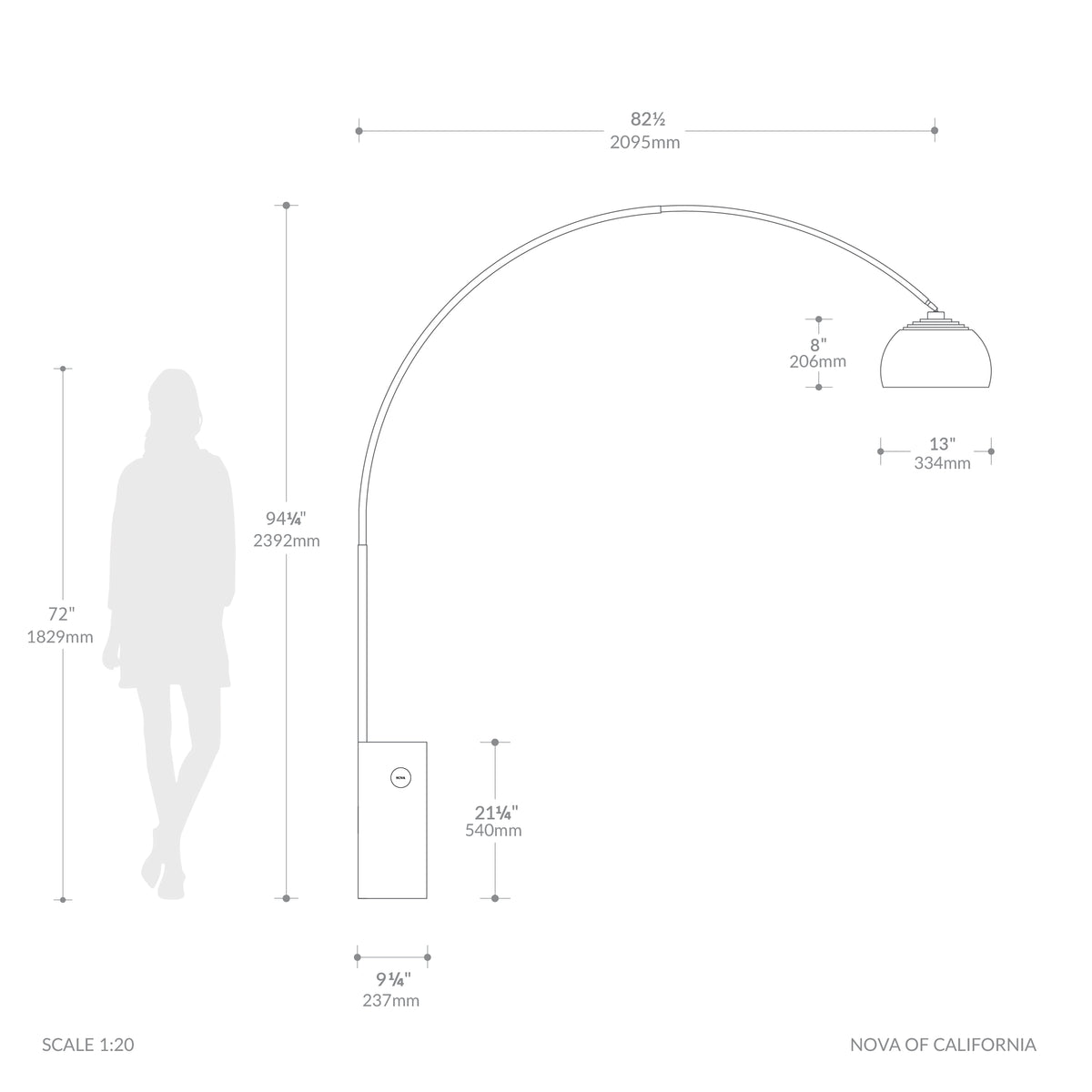 Lampe arc iconique Nova of California 2113812SN demi-dôme 95 po H 1 lumière en nickel noir