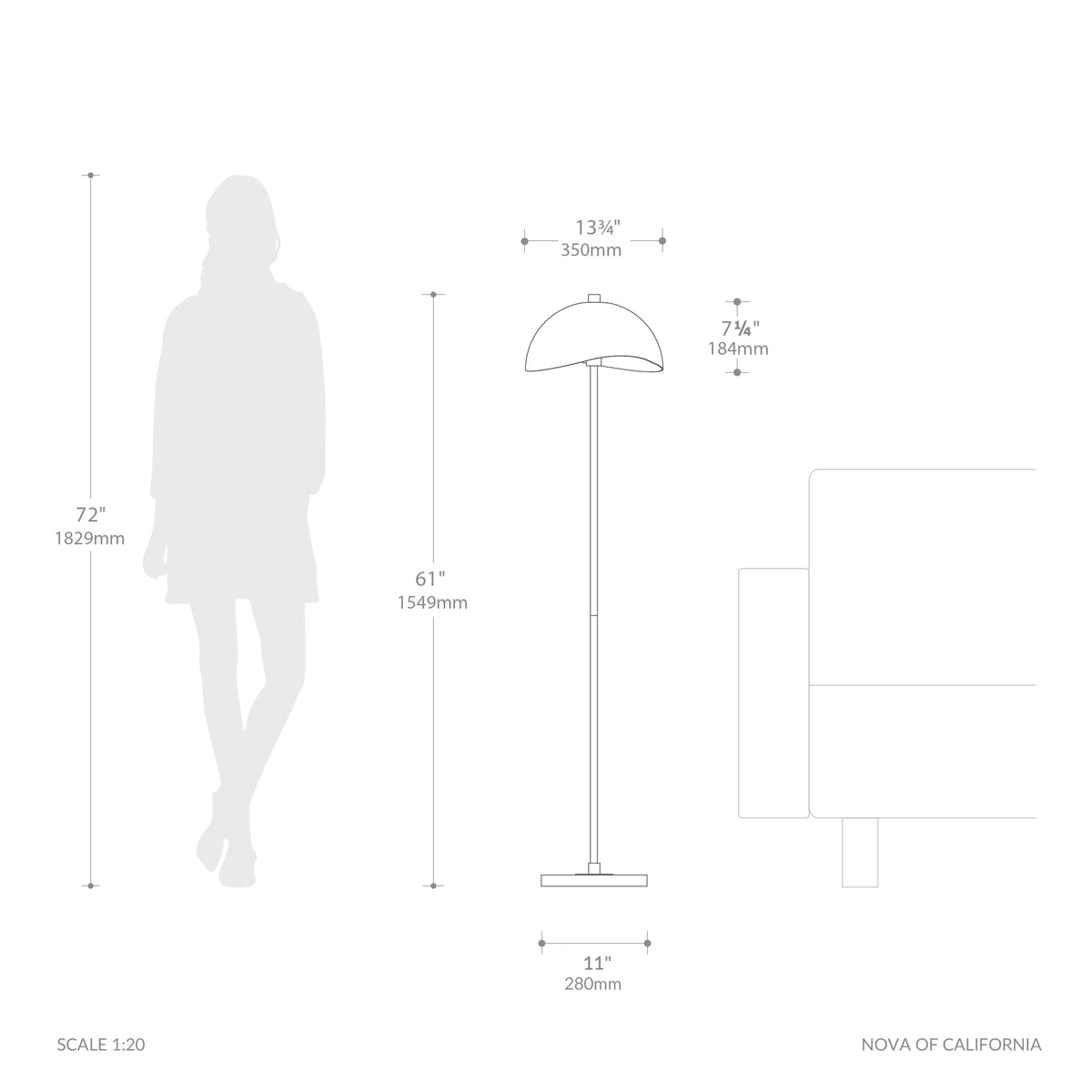 Nova of California 2034853WW Luna Bella Slimline Half Dome Floor Lamp in Weathered Brass