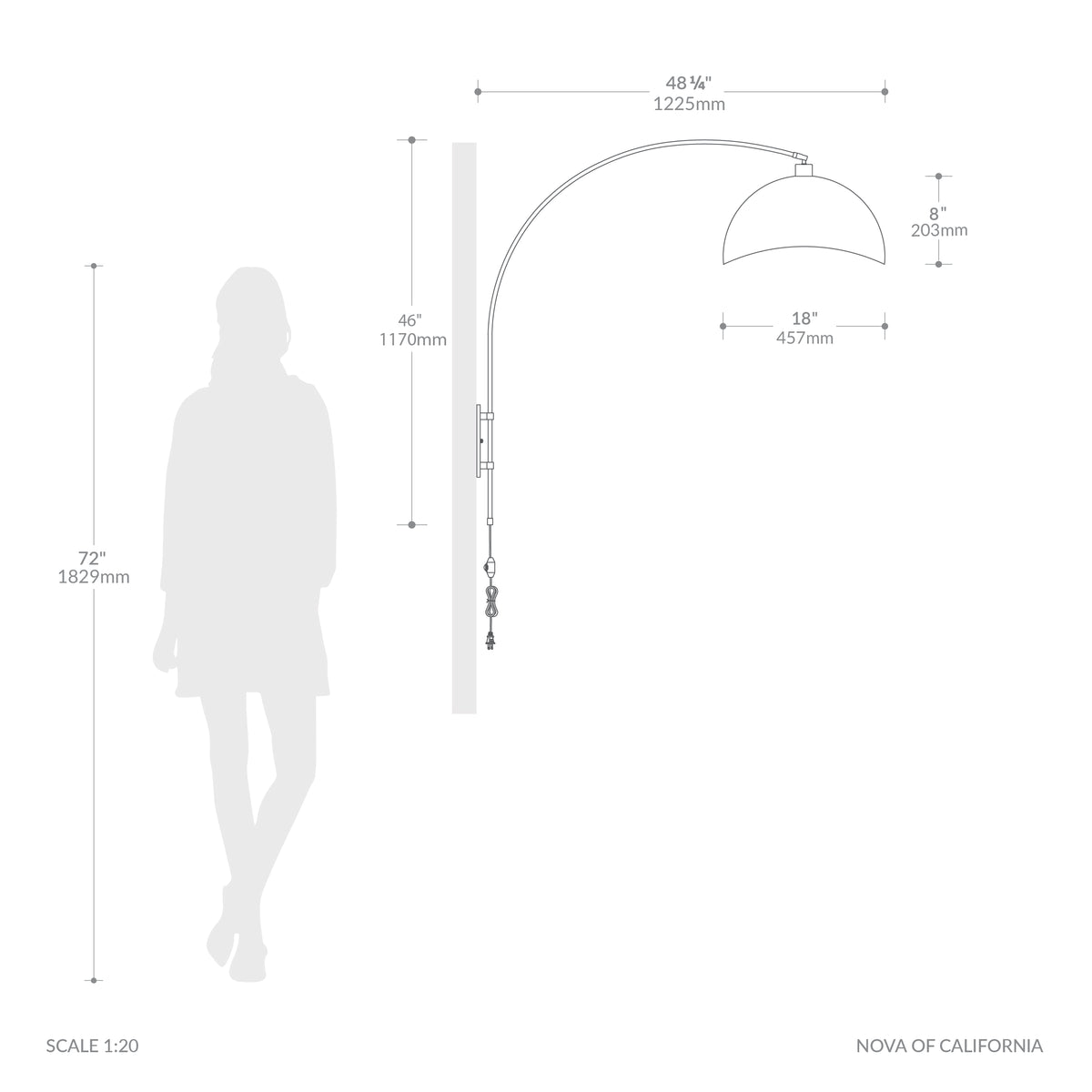 Lampe murale arc Luna Bella de Nova of California 3024836MG en laiton vieilli