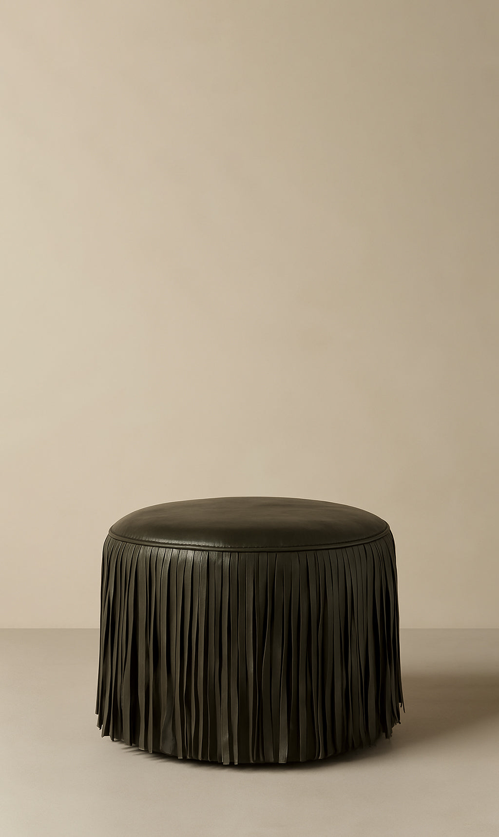 Dounia Home - DH-KORFRILEAOTTOLI-SM-GRN - Kora Fringe Leather Ottoman - Olive - Olive