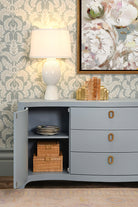 Worlds Away PAULINA LB Paulina Curved-Front Buffet in Light Blue, styled lifestyle view