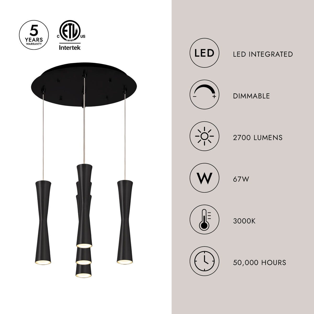Kuzco Lighting MP42502BK-05 Robson LED Multi Pendant in Black