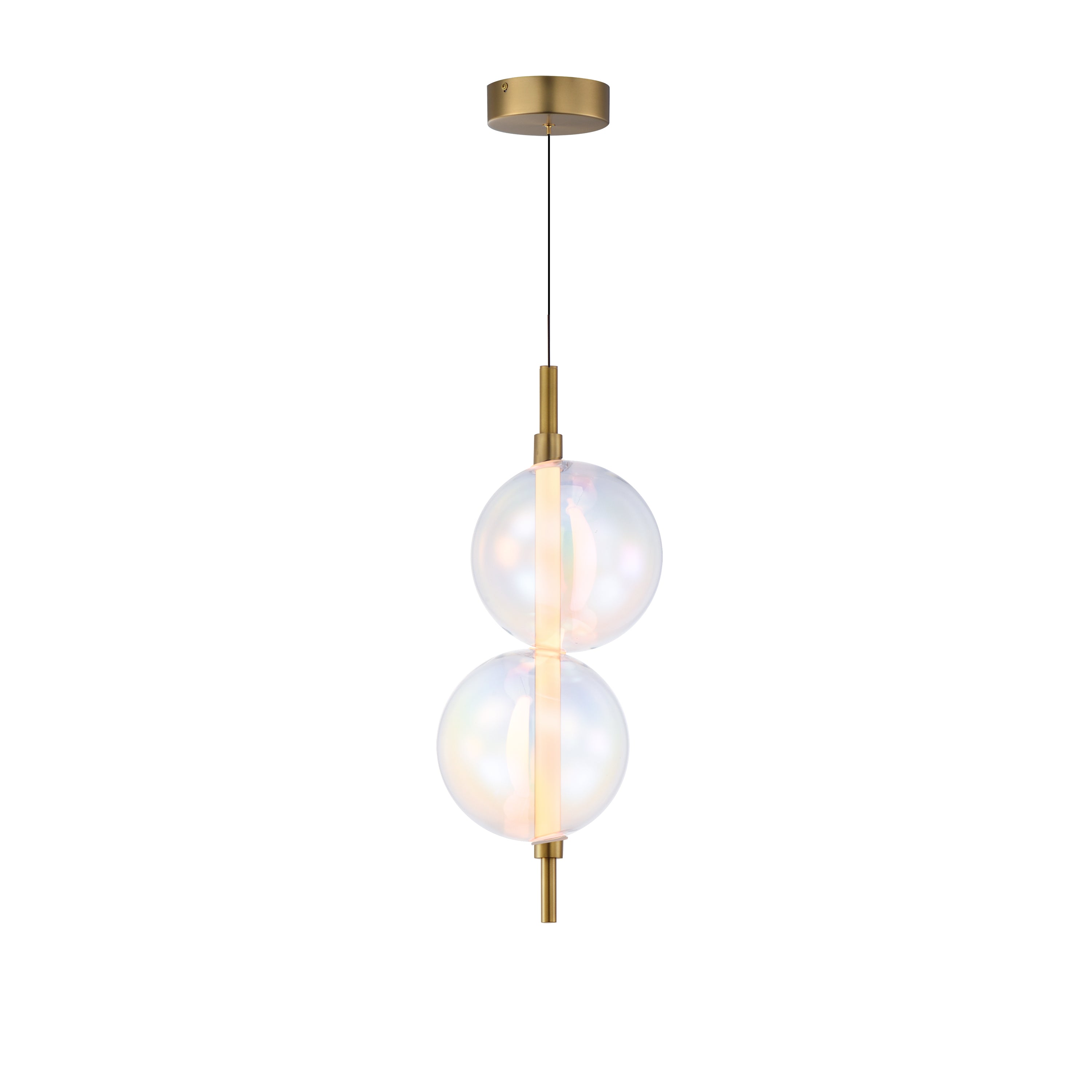 Studio M Lighting SM24931IRNAB Dreamer Pendant in Natural Aged Brass with Iridescent glass, front view on white background