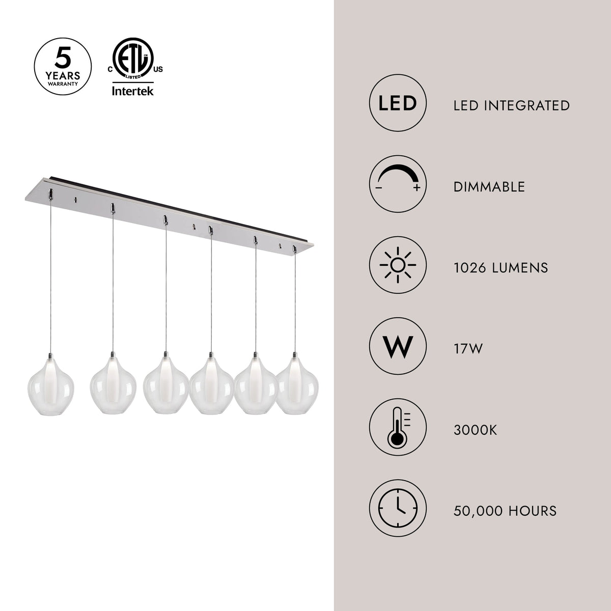 Kuzco Lighting MP3007CH-06 Victoria LED Linéaire Multi Suspension dans Chrome