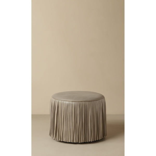 Kora Fringe Leather Ottoman - Ivory