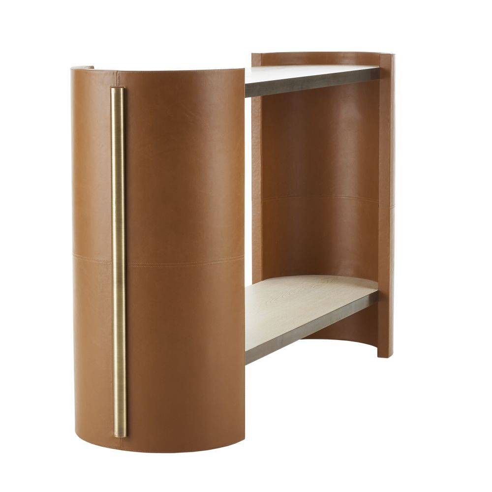 Arteriors - FLI04 - Console - Warley - Chêne fumé/Cuir roux/Laiton antique