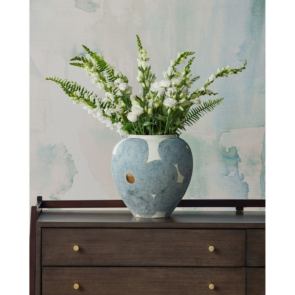 Currey and Company - 1200-0978 - Vase - Bloom Blue & Ivory Vase - Textured Blue / Off-White / Gold