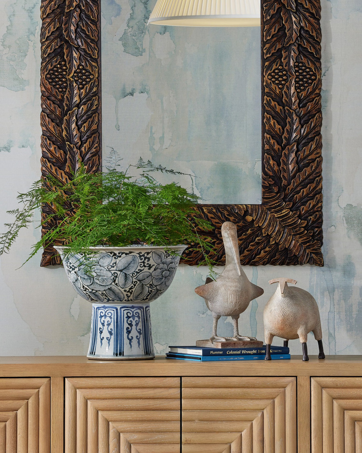 Currey and Company - 1200-1003 - Bowl - Ming Offering Pedestal Bowl - Blue / Off-White