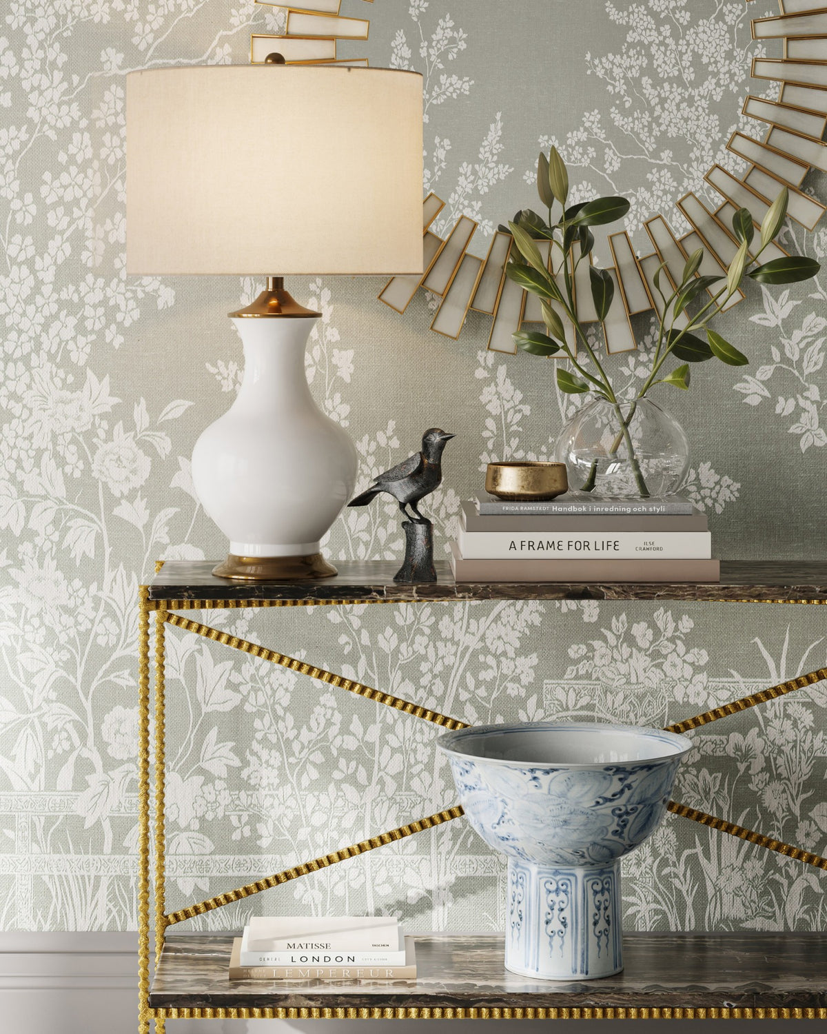 Currey and Company - 1200-1003 - Bowl - Ming Offering Pedestal Bowl - Blue / Off-White