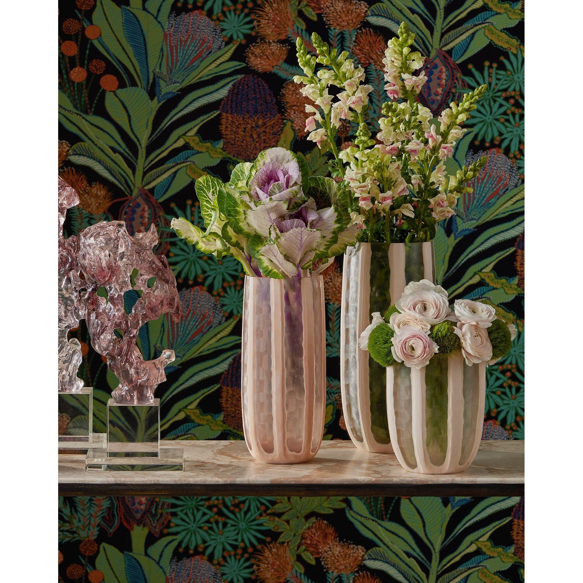 Currey and Company - 1200-1031 - Vase - Ensemble de 3 vases en verre Merletto - Rose poudré / Transparent