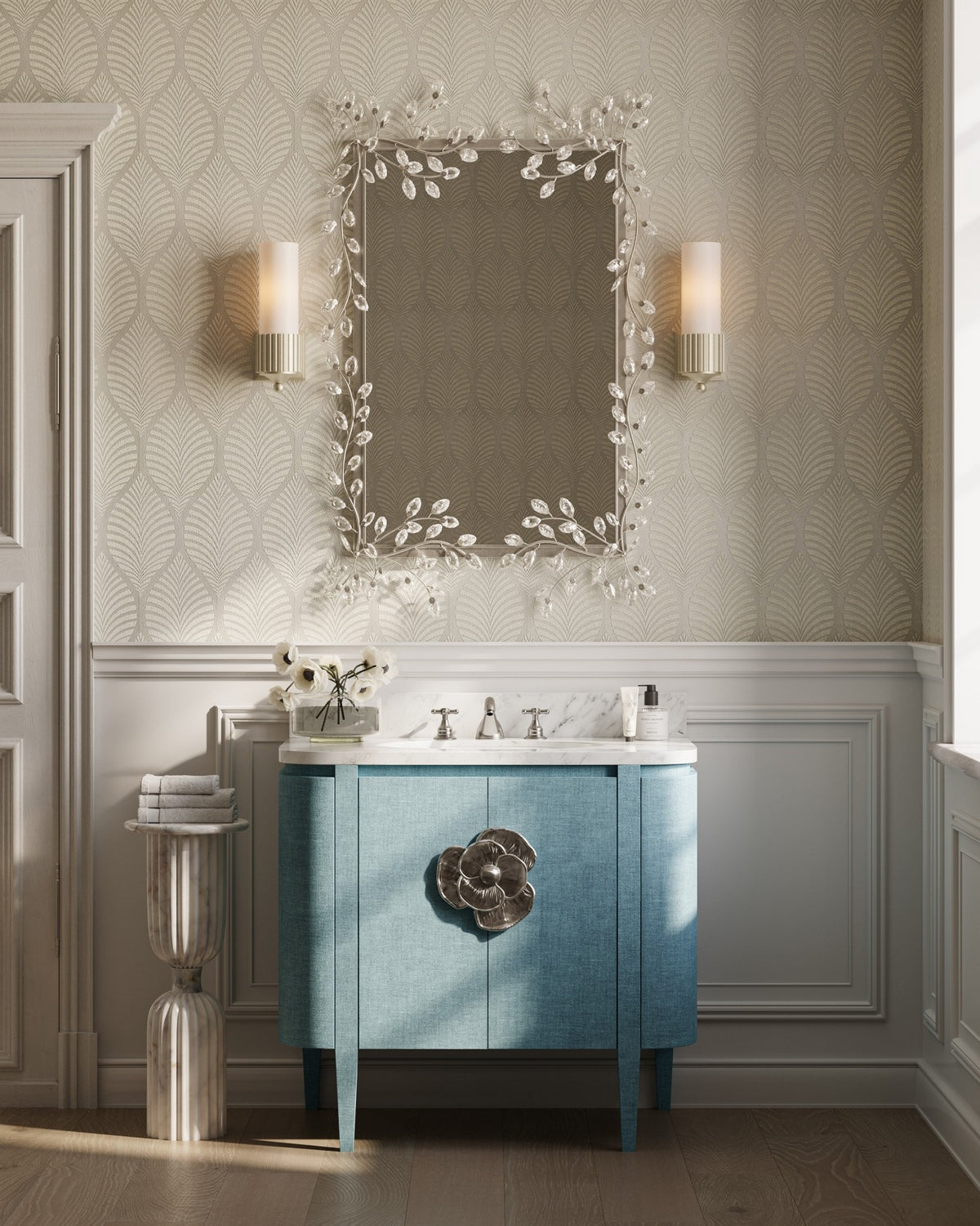 Meuble-lavabo Currey and Company 3800-0015 Briallen 36 po avec lavabo ovale encastré, finition laquée bleu lin/naturel/blanc/nickel poli