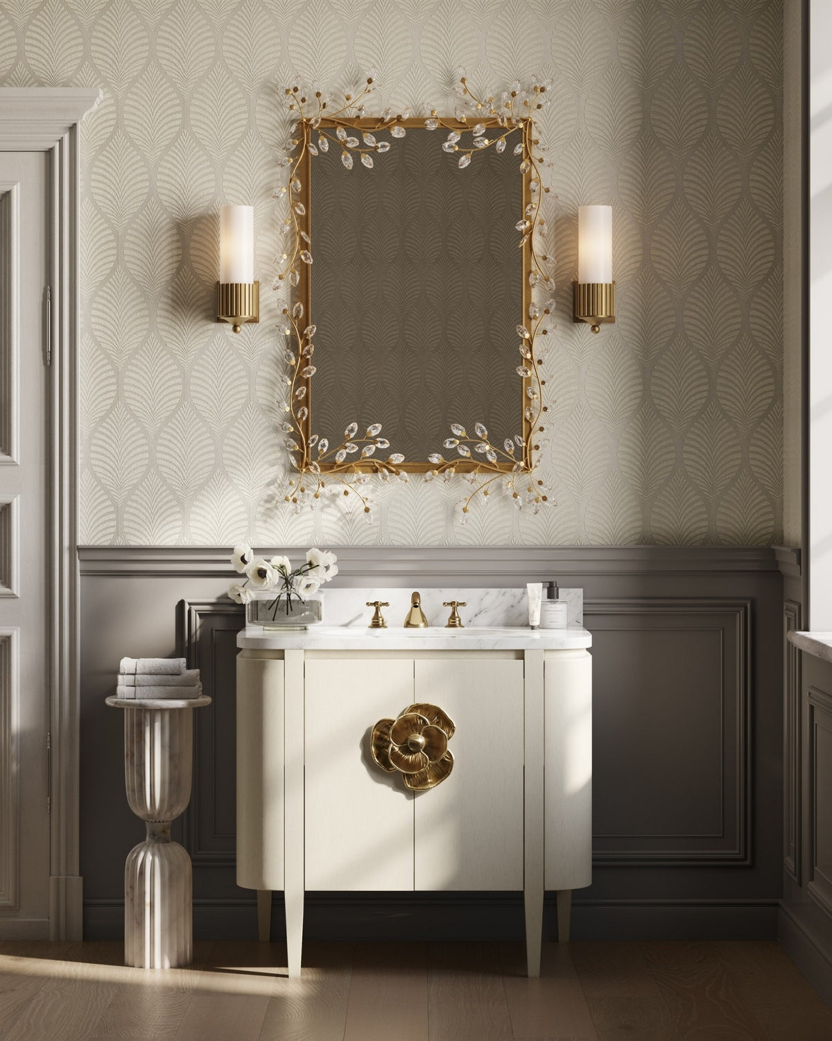 Meuble-lavabo Currey and Company 3800-0016 Briallen 36 po avec lavabo ovale encastré, finitions blanc cérusé/naturel/blanc/laiton poli