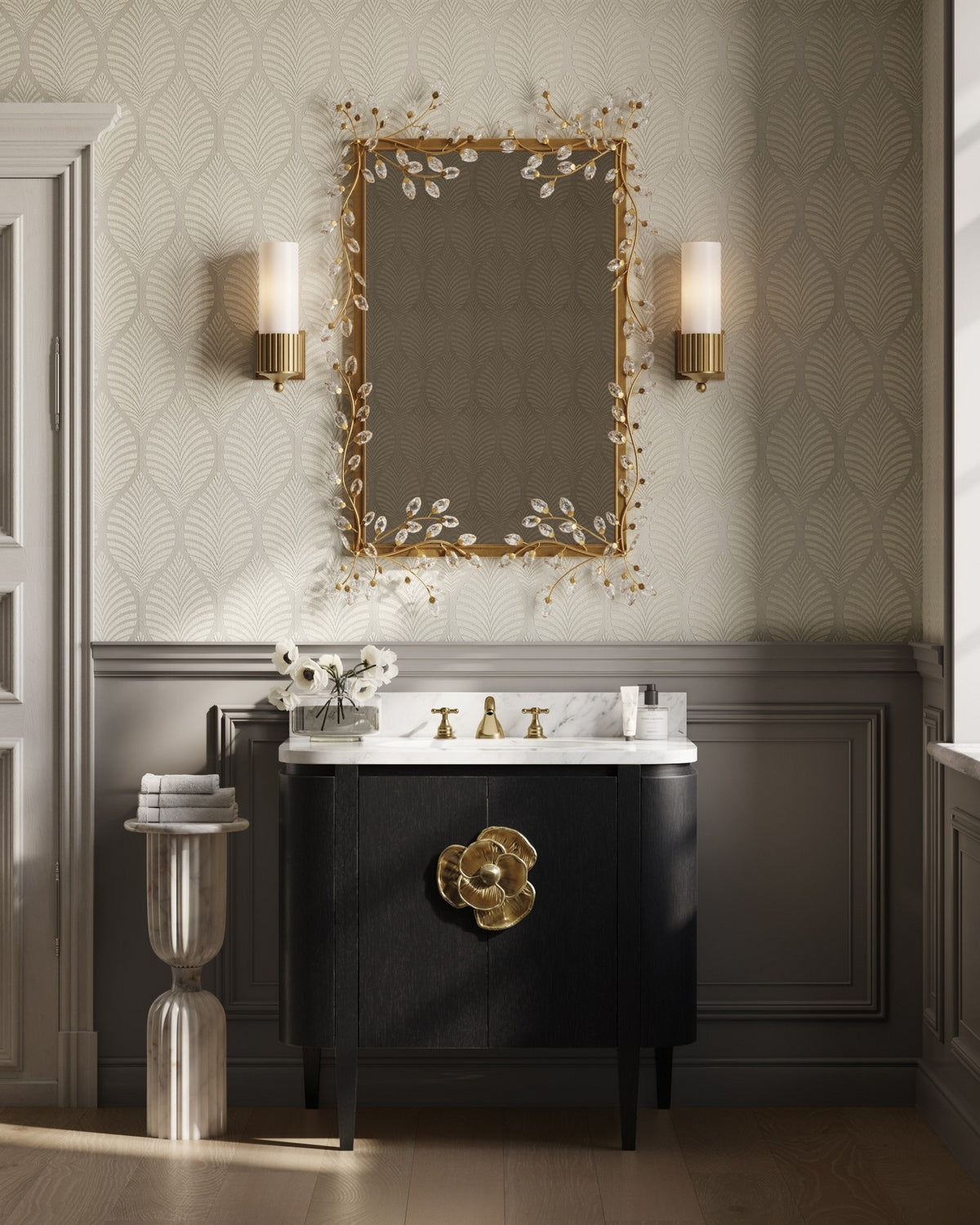 Meuble-lavabo Currey and Company 3800-0017 Briallen 36 po avec lavabo ovale encastré, coloris Caviar Noir/Naturel/Blanc/Laiton antique clair