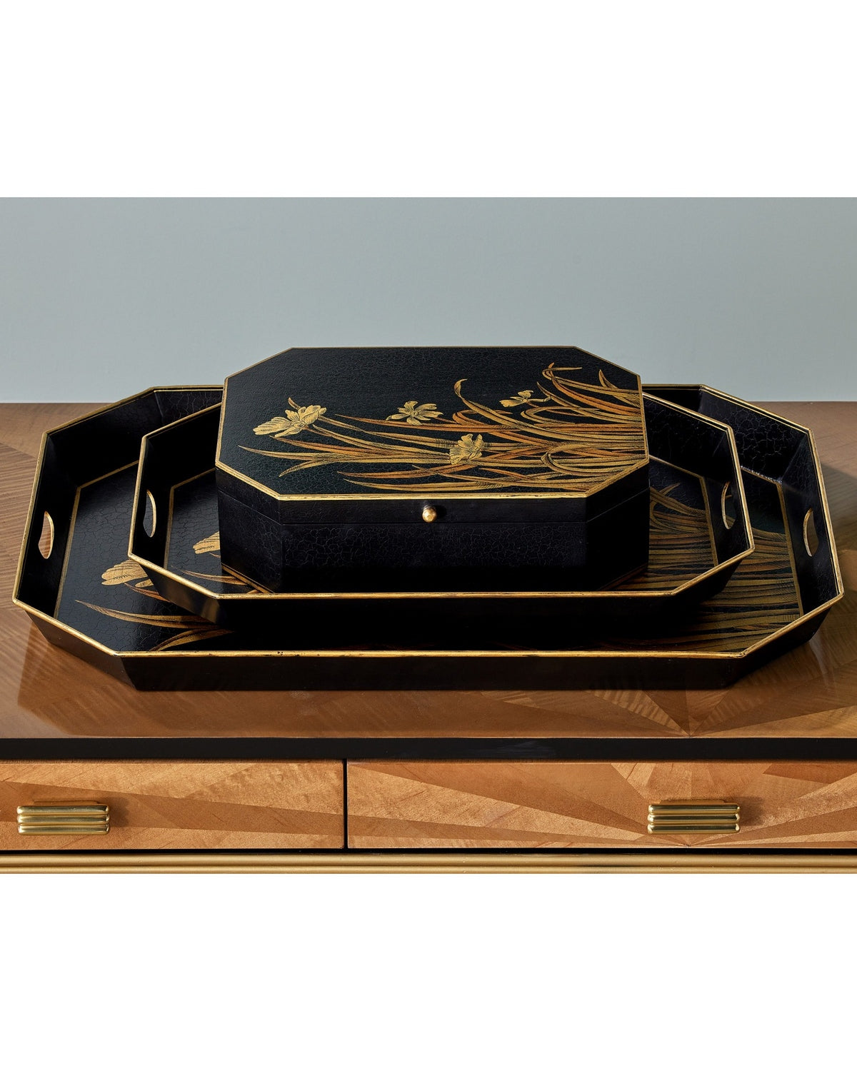 Currey and Company 1200-1063 Glasshouse Tole Tray Set of 2 in Black/Gold