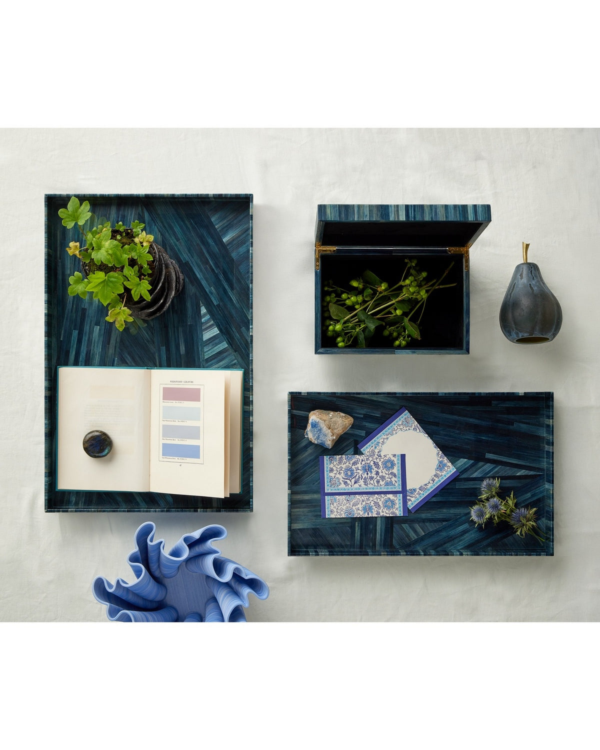 Currey and Company 1200-1068 Winter Harvest Tray Set of 2 in Blue