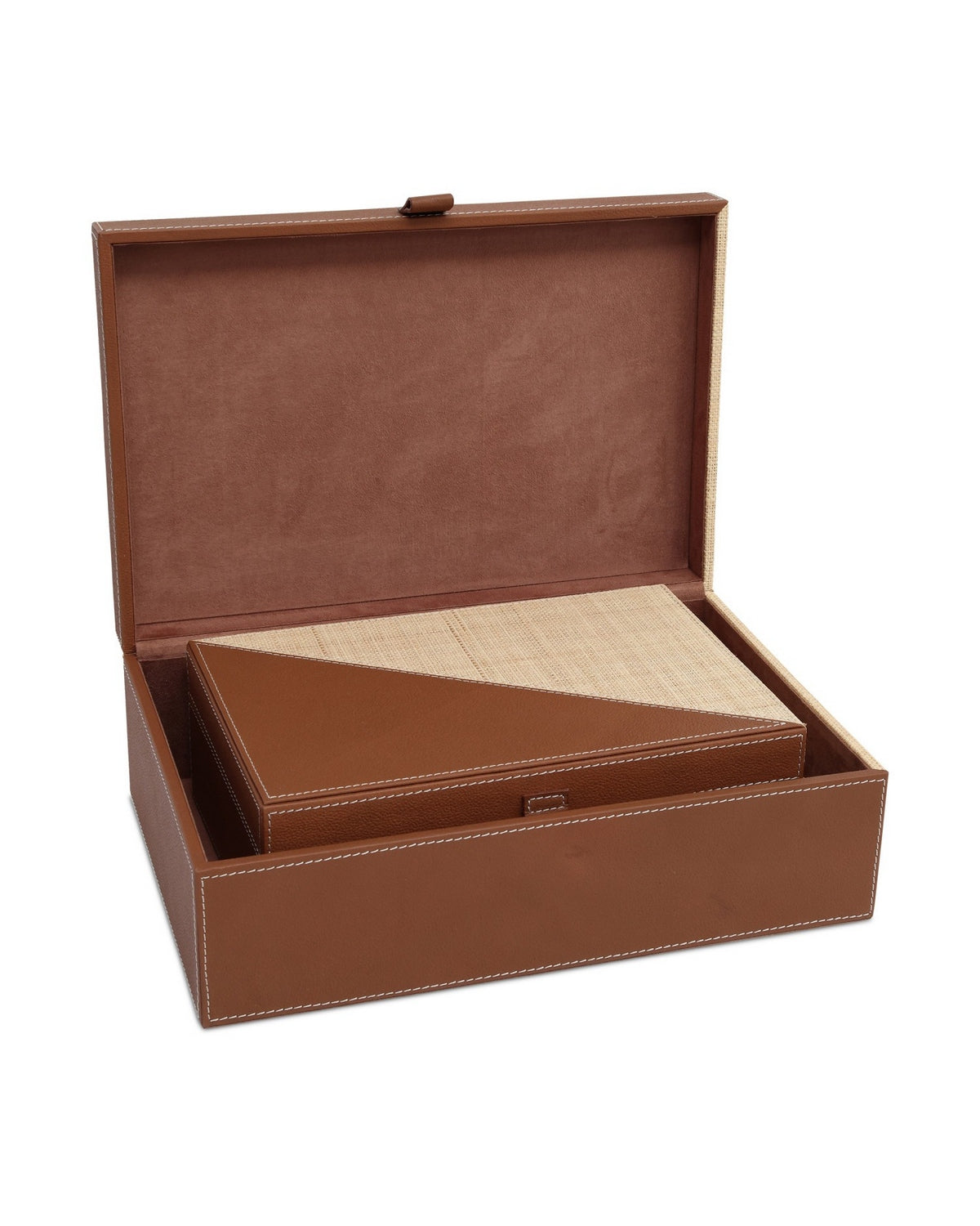 Currey and Company 1200-1069 Leather & Raffia Box Set of 2 in Brown/Natural