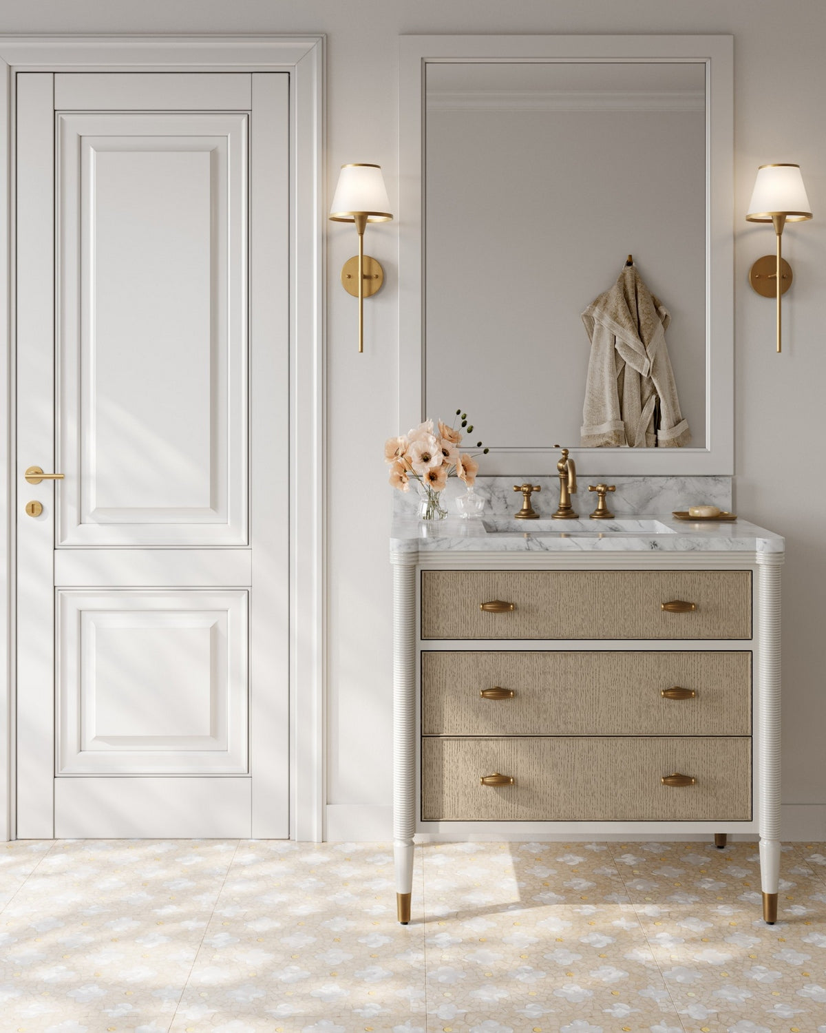 Meuble-lavabo Currey and Company 3800-0018 Aster 36 po avec lavabo rectangulaire encastré, coloris blanc cassé/brouillard/naturel/blanc/laiton poli