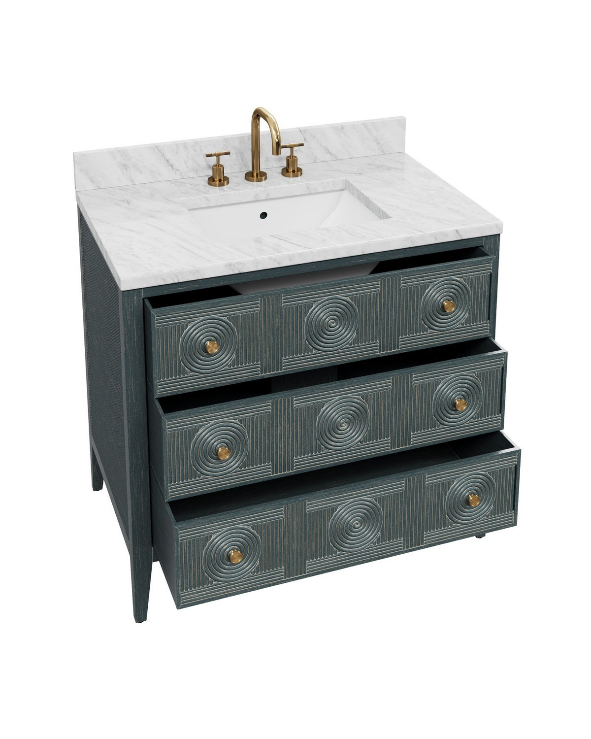 Meuble-lavabo Currey and Company 3800-0019 Santos 36 po avec lavabo rectangulaire encastré, finitions bleu marine vintage, naturel, blanc, laiton brossé et nickel poli.