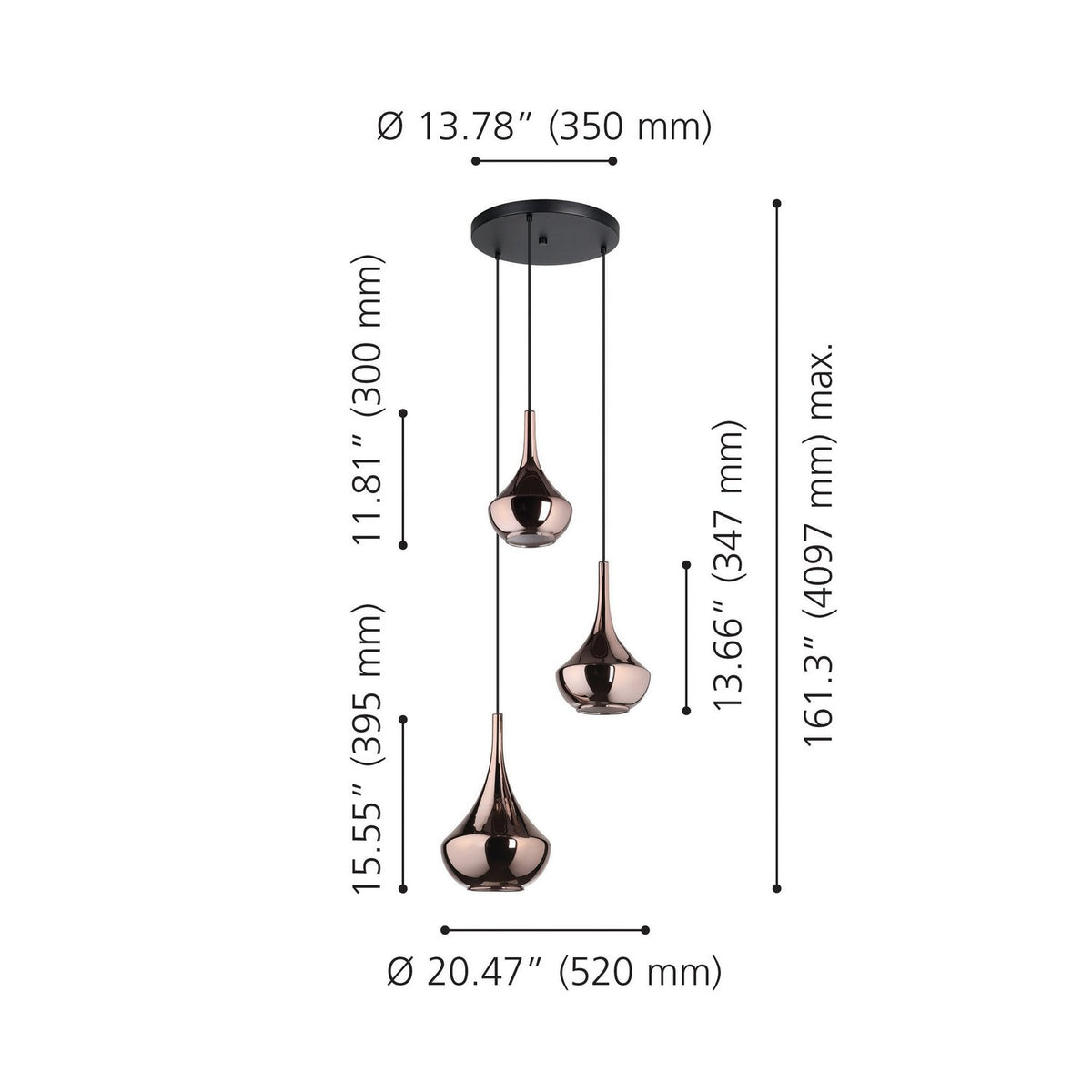 Eglo Canada - 390439A - Three Light Pendant - Almoster - Black, Copper Smoked