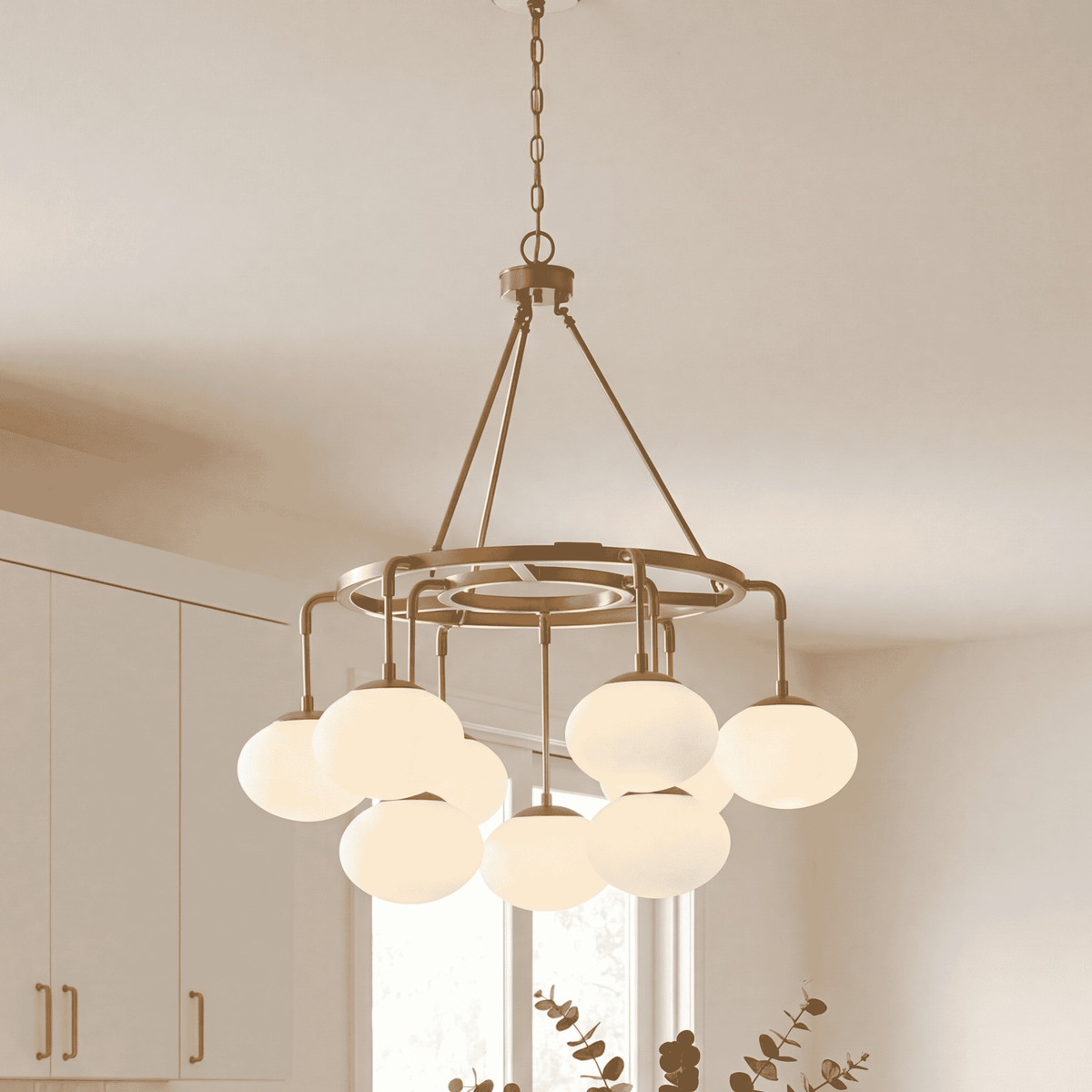 Meridian Lighting M10098NB Meridian Nine Light Chandelier in Natural Brass