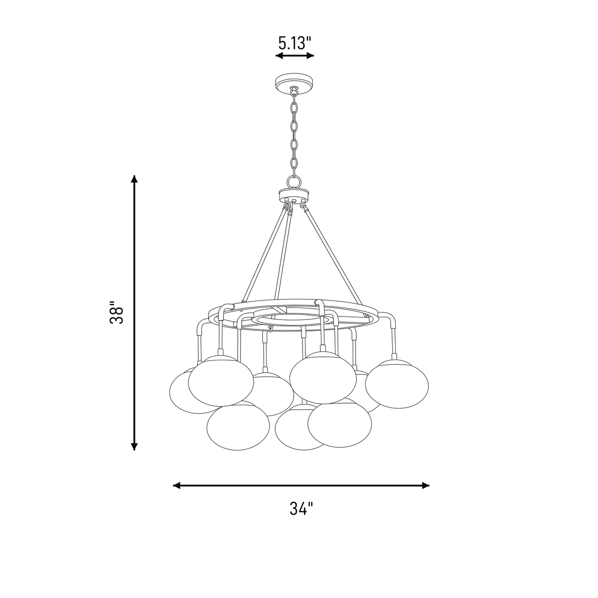 Meridian Lighting M10098NB Meridian Nine Light Chandelier in Natural Brass