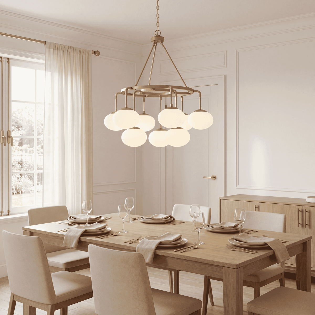 Meridian Lighting M10098NB Meridian Nine Light Chandelier in Natural Brass