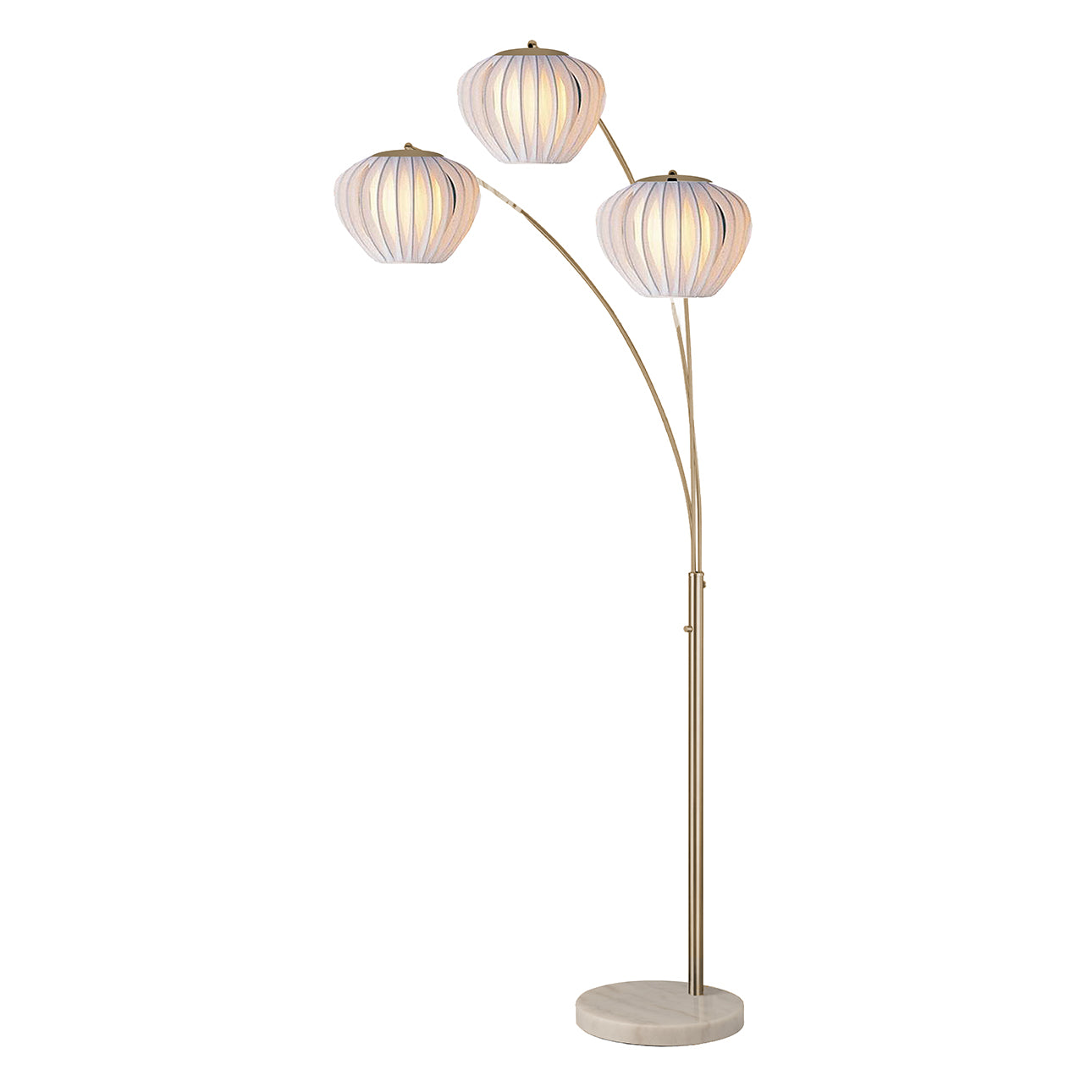 Lampadaire arqué à 3 lumières Bloom de Nova of California (réf. 2310799WB), finition laiton vieilli et blanc.
