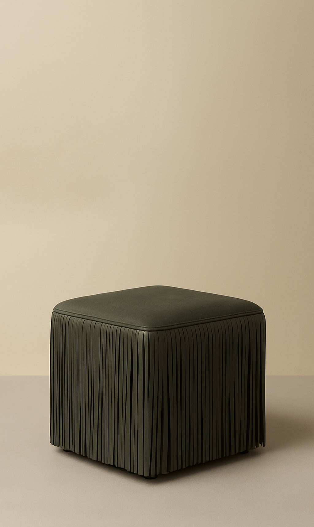 Dounia Home - DH-INAFRILEA-SM-GRN - Ina Fringe Leather Ottoman - olive green - Olive Green