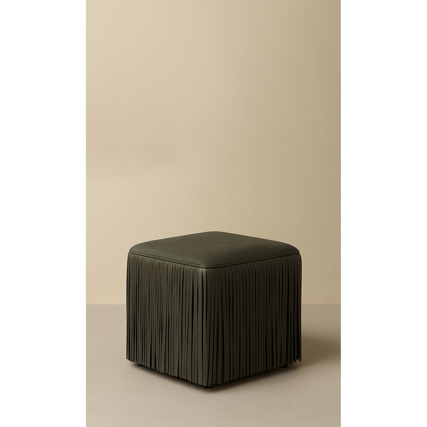Dounia Home - DH-INAFRILEA-SM-GRN - Ina Fringe Leather Ottoman - olive green - Olive Green