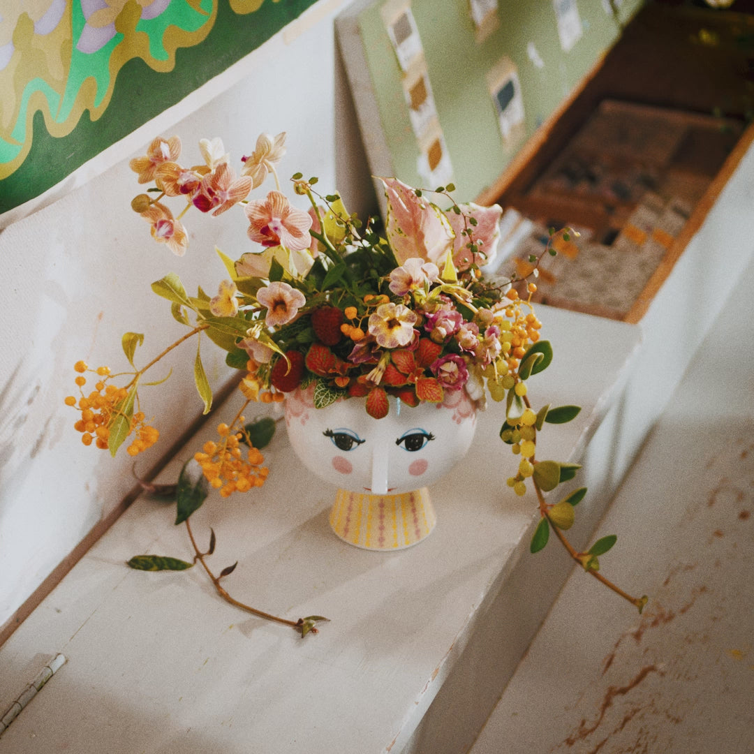 Bjørn Wiinblad 56535 Eva Flowerpot on Base in Pink/Yellow