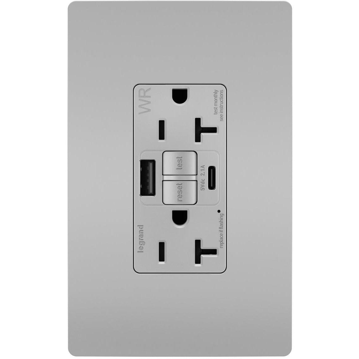 Legrand Radiant - radiant® 20A Tamper Resistant Outdoor Self Test GFCI USB Type A/C Outlet - 2097TRWRUSBACGRY | Montreal Lighting & Hardware