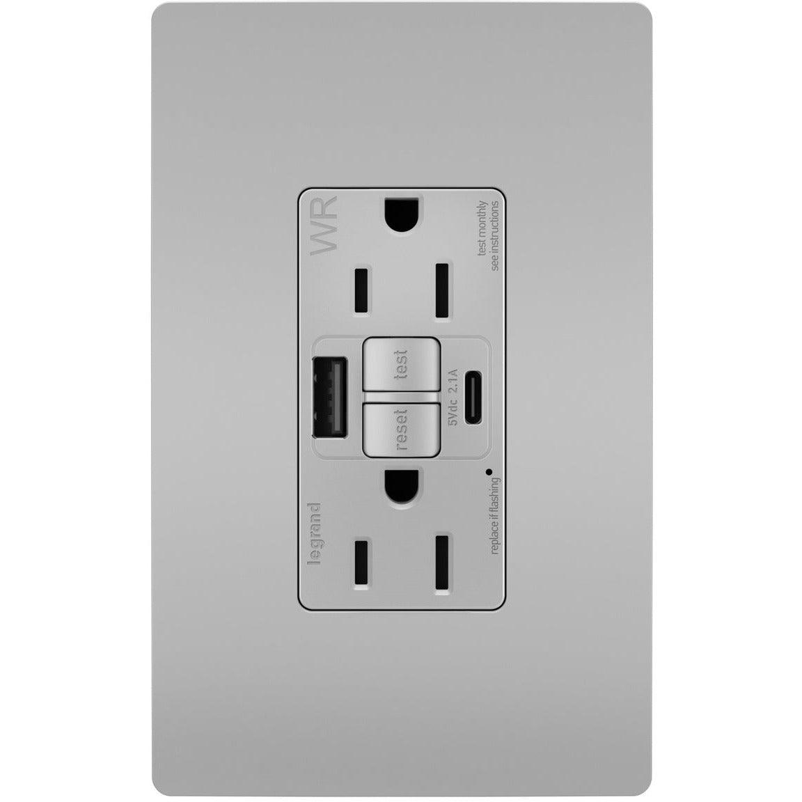 Legrand Radiant - radiant® 15A Tamper Resistant Outdoor Self Test GFCI USB Type A/C Outlet - 1597TRWRUSBACGRY | Montreal Lighting & Hardware