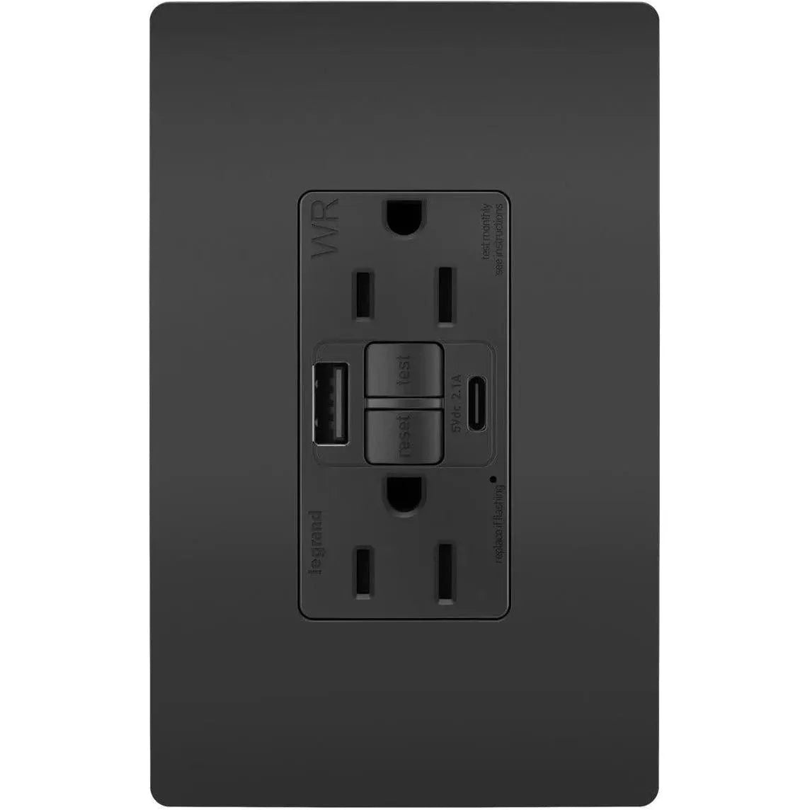 Legrand Radiant - radiant® 15A Tamper Resistant Outdoor Self Test GFCI USB Type A/C Outlet - 1597TRWRUSBACBK | Montreal Lighting & Hardware